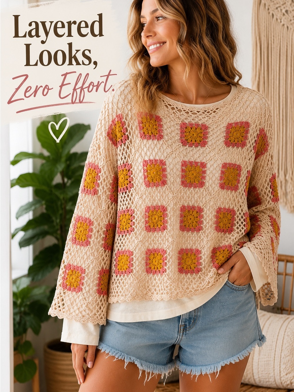 Michael Stars Charlie B Crochet Granny Square Layered Sweater Set - Picture 4 of 11